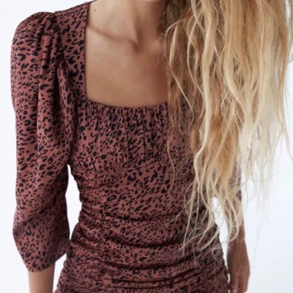 New Zara  Leopard Print Ruched Ruffle Mini Dress - Picture 1 of 12